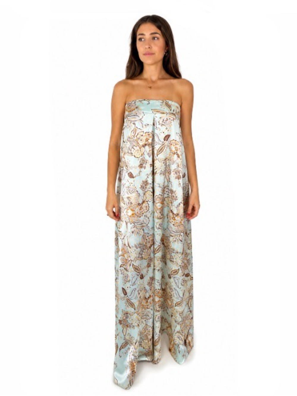 NWT Aakaa Strapless Maxi Dress in Light Blue and Brown Floral Print